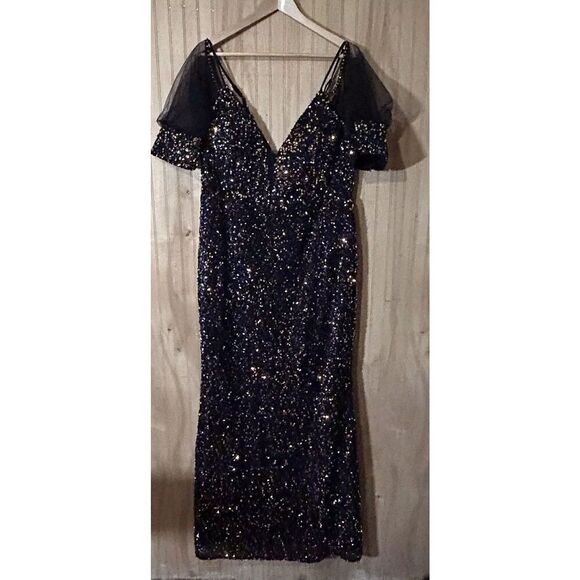 Miss Ord Evening Dress Womens 4XL Black V Neck Short Sheer Sleeve Gown Sequins - Picture 2 of 7